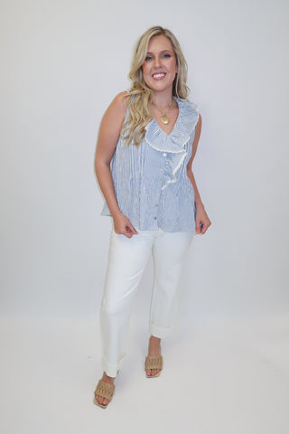 Sweet Escape Ticking Stripe Ruffle Neck Sleeveless Top - The Pink Tulip Clothing