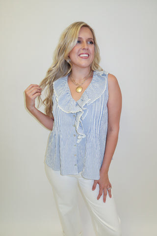 Sweet Escape Ticking Stripe Ruffle Neck Sleeveless Top - The Pink Tulip Clothing