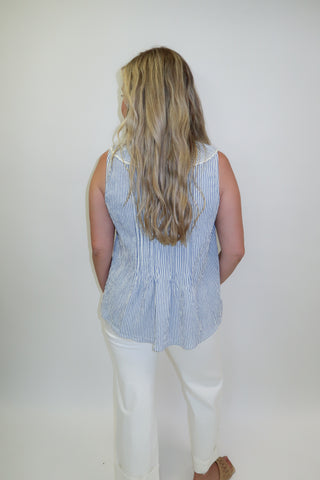 Sweet Escape Ticking Stripe Ruffle Neck Sleeveless Top - The Pink Tulip Clothing