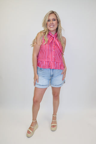 Tie Break Red Pink Stripe Sleeveless Tie Neck Top - The Pink Tulip Clothing