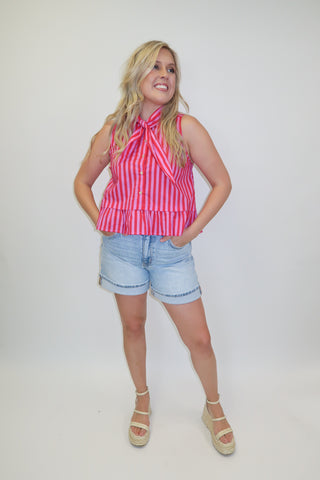 Tie Break Red Pink Stripe Sleeveless Tie Neck Top - The Pink Tulip Clothing