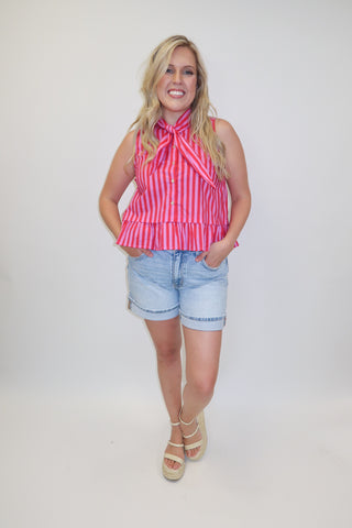 Tie Break Red Pink Stripe Sleeveless Tie Neck Top - The Pink Tulip Clothing