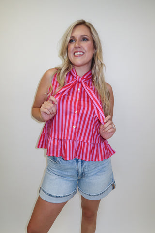 Tie Break Red Pink Stripe Sleeveless Tie Neck Top