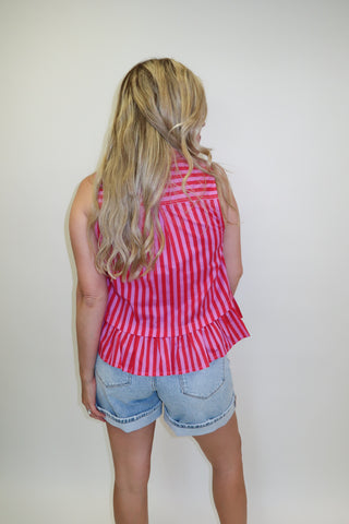 Tie Break Red Pink Stripe Sleeveless Tie Neck Top - The Pink Tulip Clothing