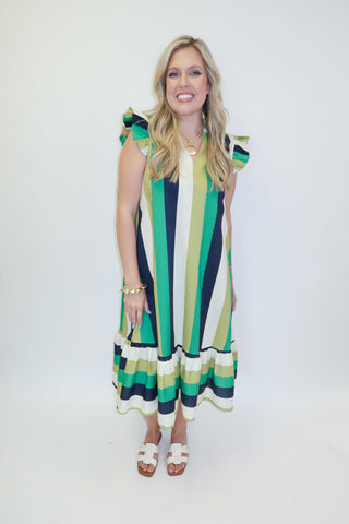 Coastal Route Stripe Flutter Midi Dress