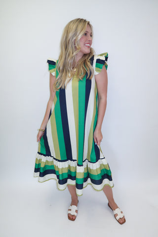 Coastal Route Stripe Flutter Midi Dress