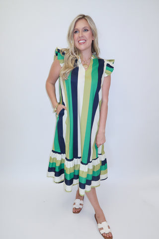 Coastal Route Stripe Flutter Midi Dress