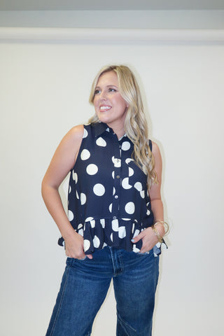 Written In Dots Polka Dot Peplum Button Front Top - The Pink Tulip Clothing