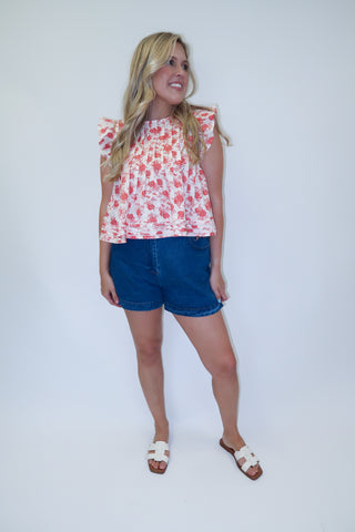 Bloom Service Floral Ruffle Cap Sleeve Swing Top - The Pink Tulip Clothing