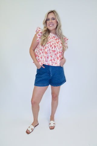 Bloom Service Floral Ruffle Cap Sleeve Swing Top
