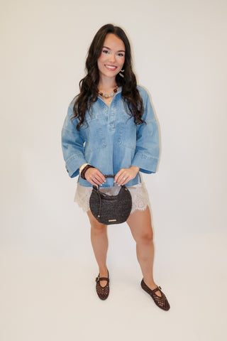 Well Traveled Denim Button Front Top