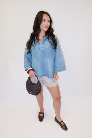 Well Traveled Denim Button Front Top