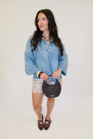 Well Traveled Denim Button Front Top