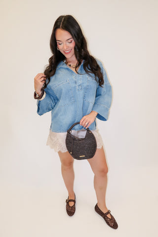 Well Traveled Denim Button Front Top