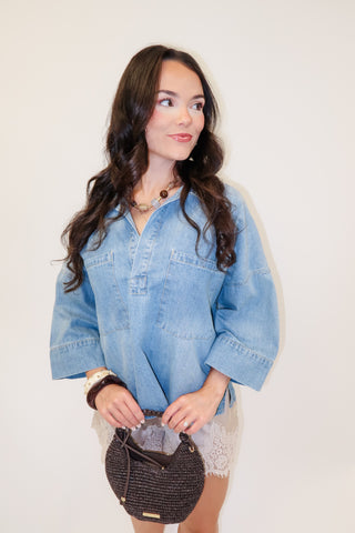 Well Traveled Denim Button Front Top