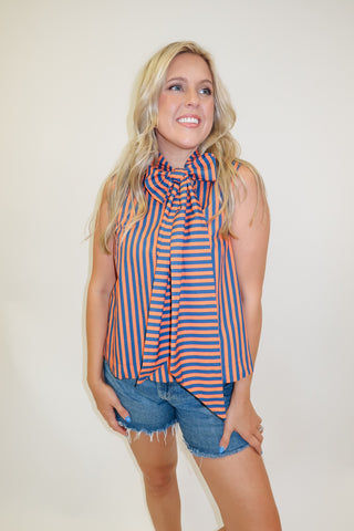 Headed Somewhere Striped Tie Neck Top