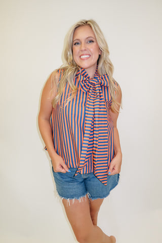Headed Somewhere Striped Tie Neck Top