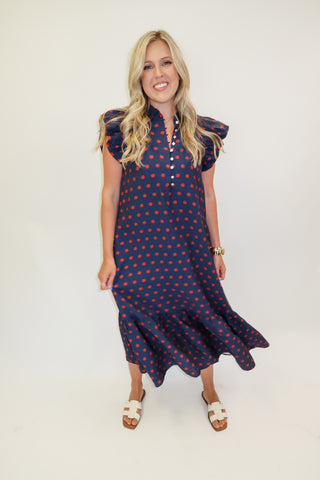 Playful Charm Polka Dot Ruffle Midi Dress
