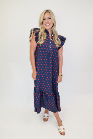 Playful Charm Polka Dot Ruffle Midi Dress