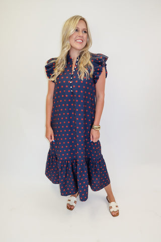 Playful Charm Polka Dot Ruffle Midi Dress