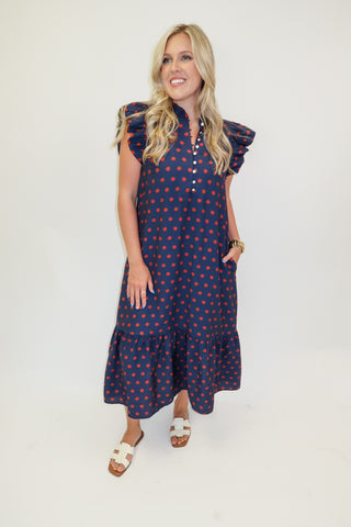Playful Charm Polka Dot Ruffle Midi Dress