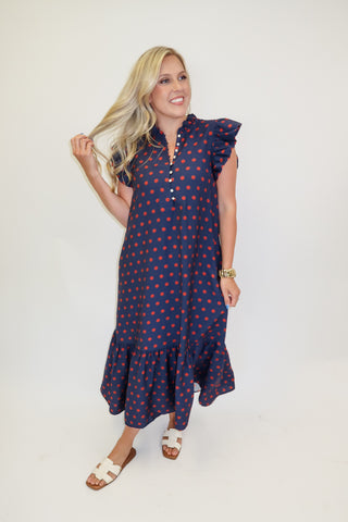 Playful Charm Polka Dot Ruffle Midi Dress