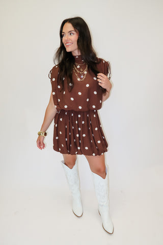 Cafe Society Brown Polka Dot Blouson Dress