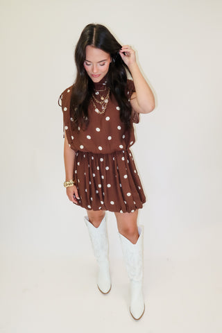 Cafe Society Brown Polka Dot Blouson Dress