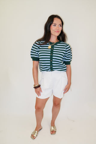 Right on Cue Two-Tone Stripe Puff Sleeve Cardigan