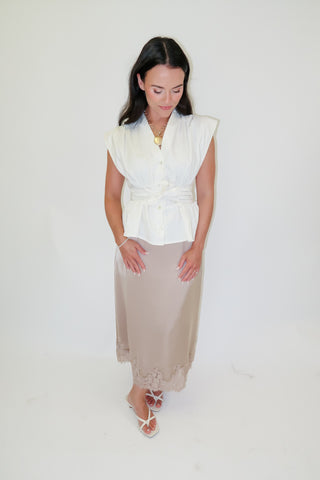Lasting Impression Taupe Satin Lace Hem Midi Skirt