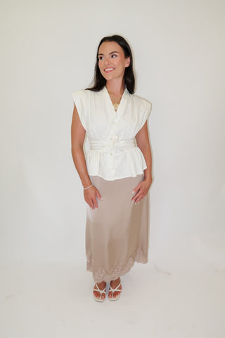 Lasting Impression Taupe Satin Lace Hem Midi Skirt