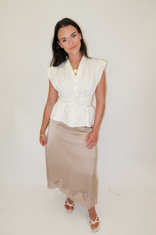 Lasting Impression Taupe Satin Lace Hem Midi Skirt
