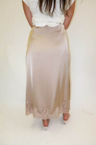 Lasting Impression Taupe Satin Lace Hem Midi Skirt