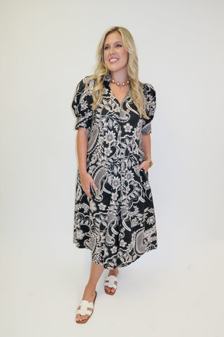 Midnight Garden Printed Inverted Pleat Midi Dress