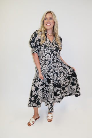 Midnight Garden Printed Inverted Pleat Midi Dress