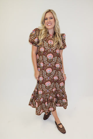 Autumn Bloom Brown Floral Eyelet Midi Dress