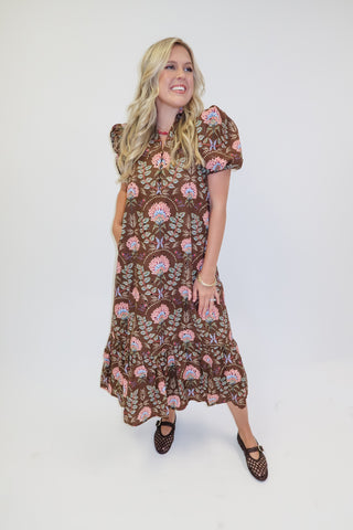 Autumn Bloom Brown Floral Eyelet Midi Dress