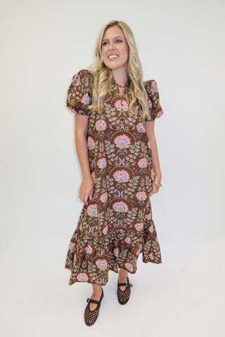 Autumn Bloom Brown Floral Eyelet Midi Dress