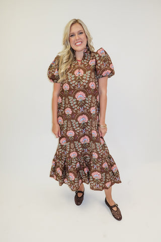 Autumn Bloom Brown Floral Eyelet Midi Dress