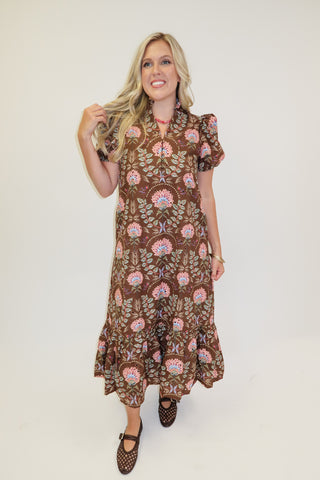 Autumn Bloom Brown Floral Eyelet Midi Dress