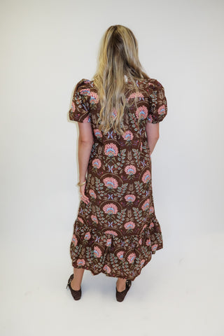 Autumn Bloom Brown Floral Eyelet Midi Dress