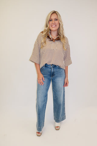 Coffee Date Brown Puckered Check Collared Top