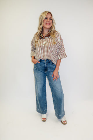 Coffee Date Brown Puckered Check Collared Top