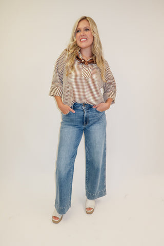 Coffee Date Brown Puckered Check Collared Top