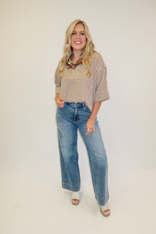 Coffee Date Brown Puckered Check Collared Top