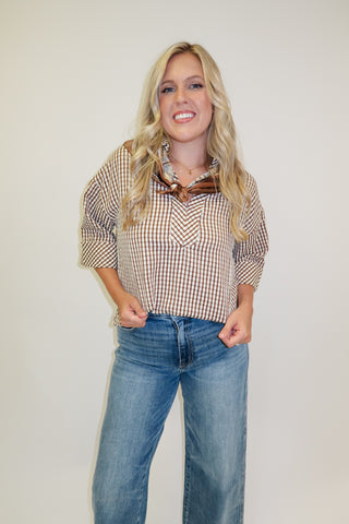 Coffee Date Brown Puckered Check Collared Top