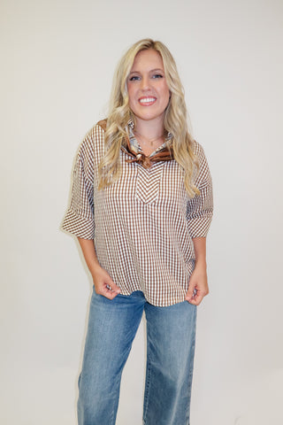 Coffee Date Brown Puckered Check Collared Top