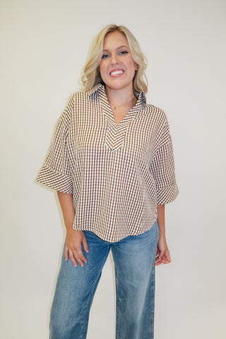 Coffee Date Brown Puckered Check Collared Top