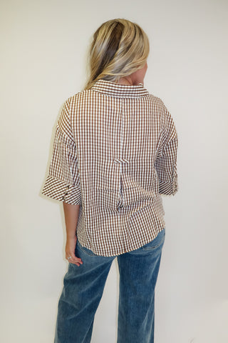 Coffee Date Brown Puckered Check Collared Top