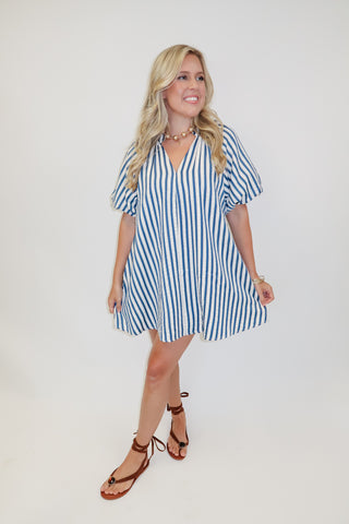 Easy Breeze Stripe Puff Sleeve Swing Dress